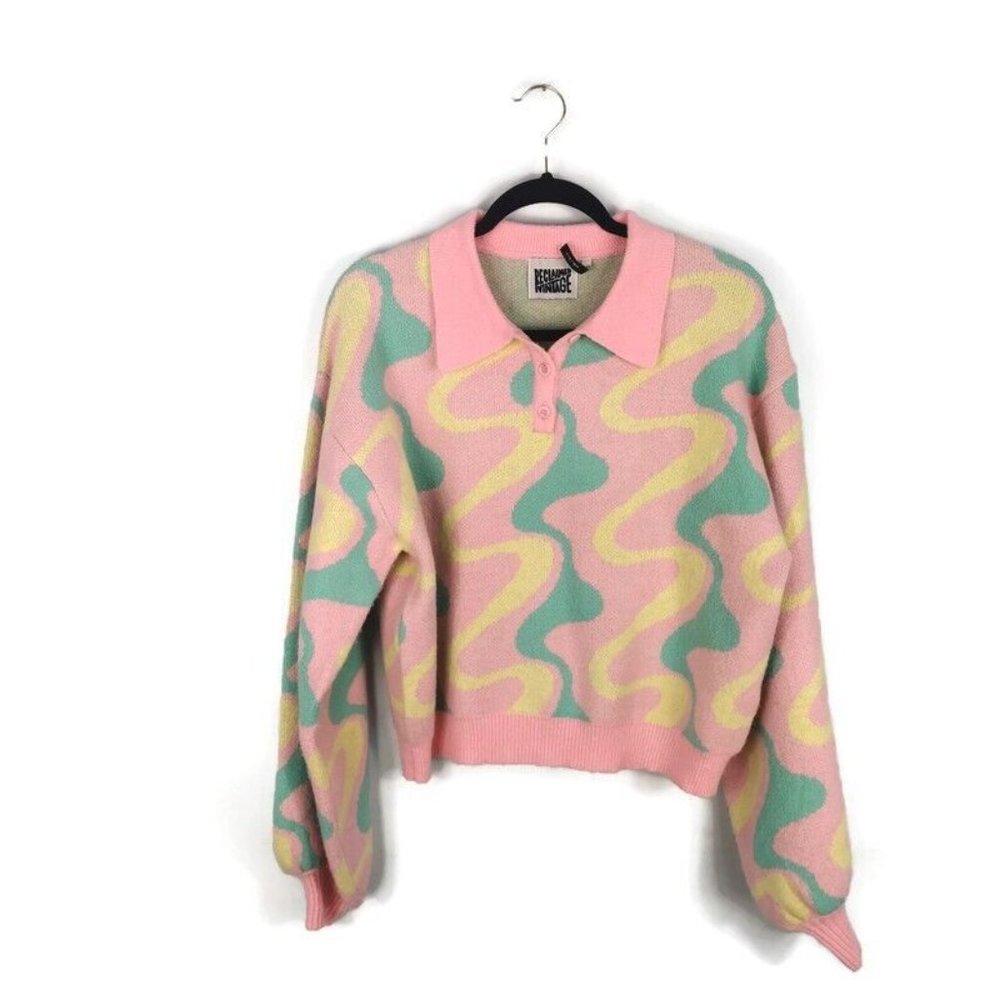 RECLAIMED VINTAGE Swirl Print Pastel Jumper Oversized UK 8 10 - Picture 1 of 8